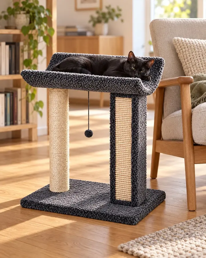 Bay cat tree beside an armchair, black cat lying in the tray