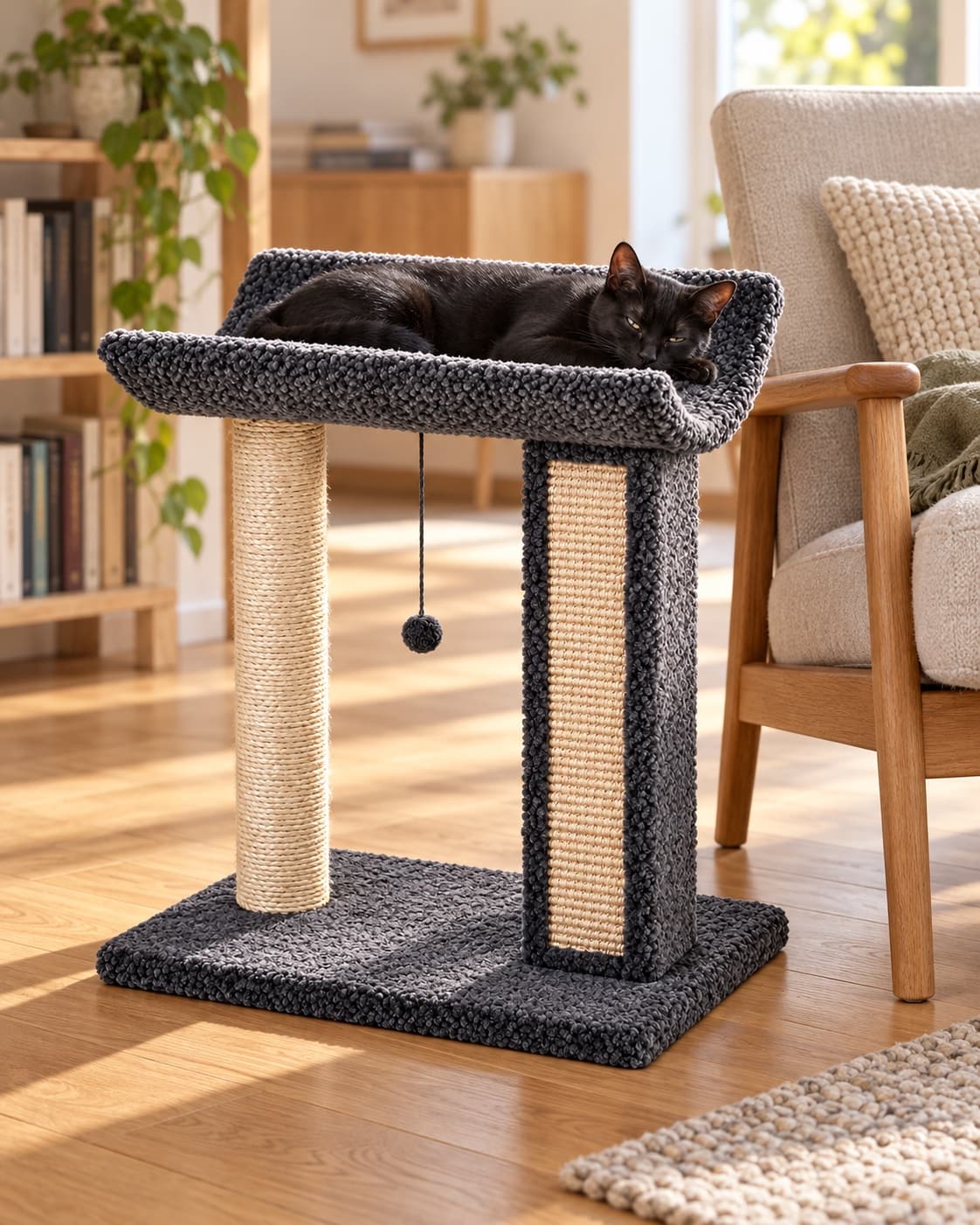 浅湾猫爬架放在客厅扶手椅旁,黑猫趴在托盘里
