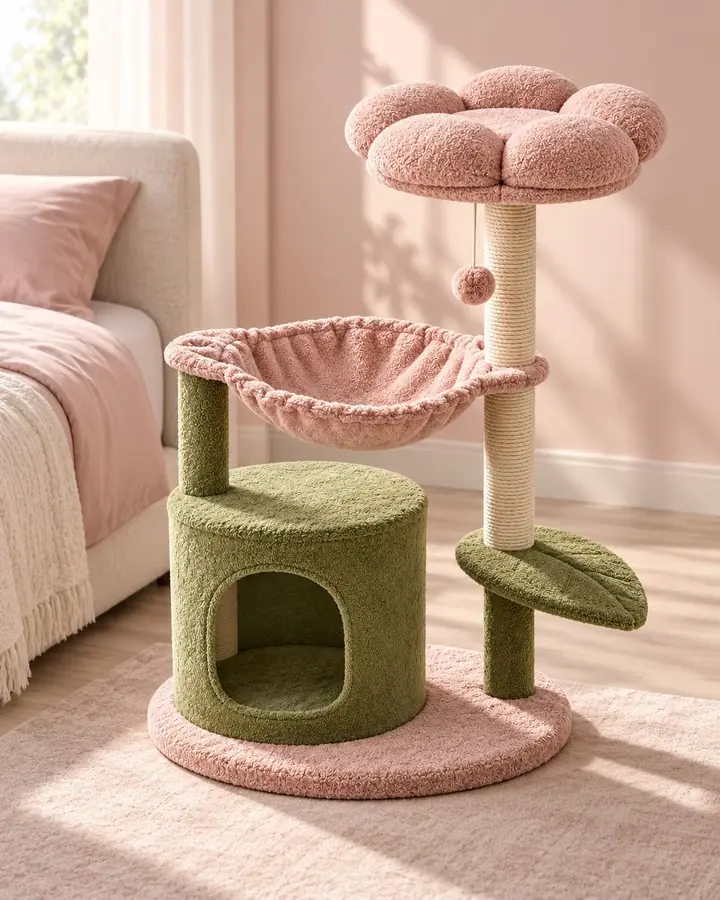 Bloom cat tree beside a bed in a bedroom