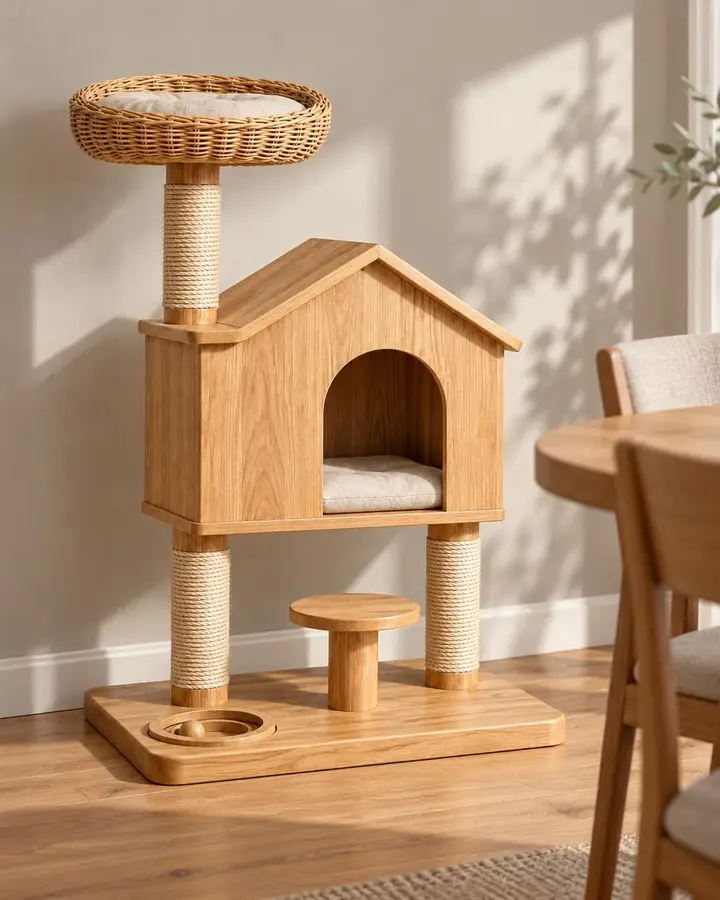 Cabin cat tree beside a dining table
