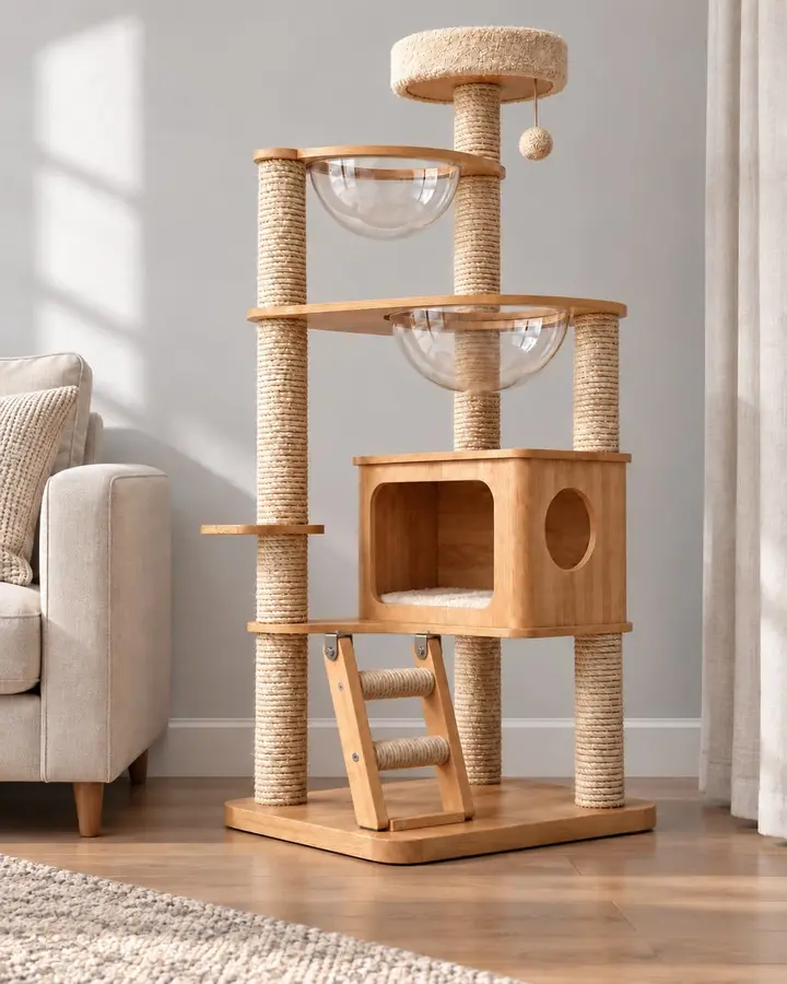 Capsule tall cat tree beside a sofa, with two clear acrylic pods and a wooden box cubby