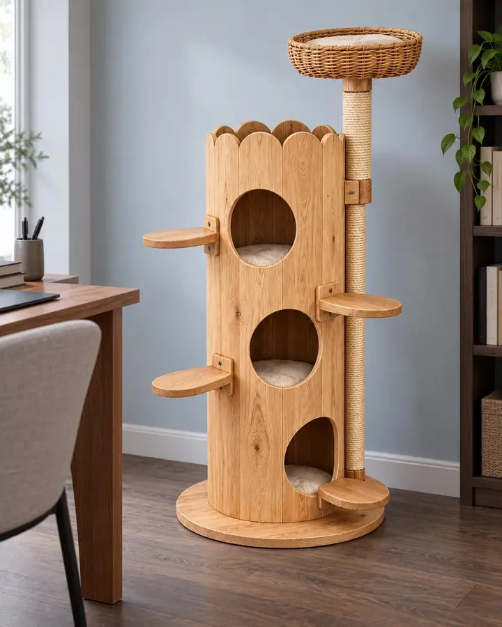 Castle cat tree beside a desk in a study