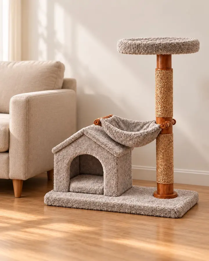 Cove cat tree beside a sofa in a living room