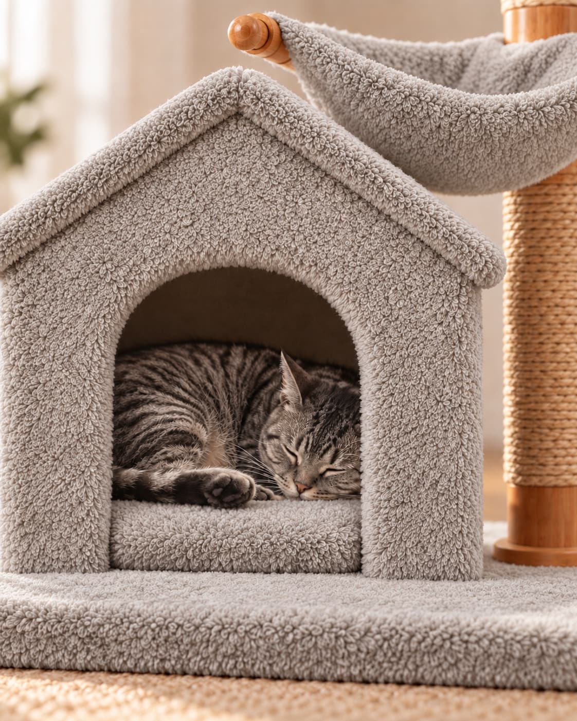 猫蜷在凹屋箱体里睡觉