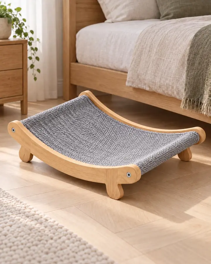 Daybed scratcher at the side of a bed, grey sisal surface