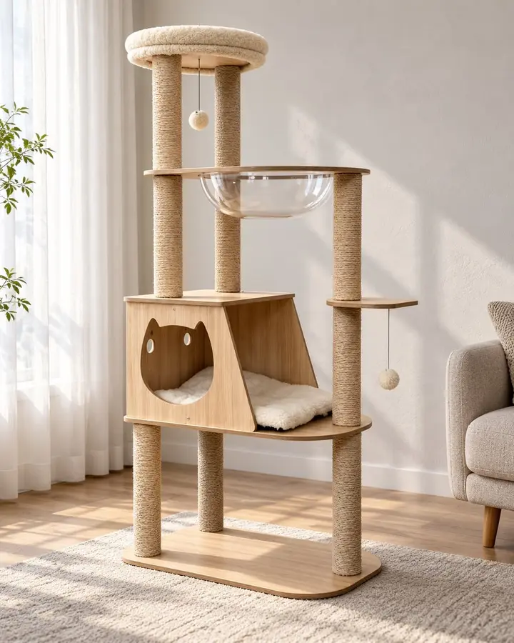 Dusk cat tree in a bright living room by the window, with the round plush top perch and cat-face cubby