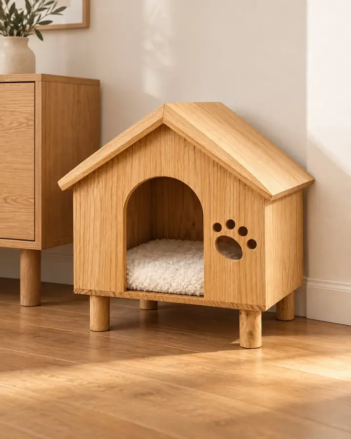 Gable cat house beside a sideboard, white cushion showing through the arched door