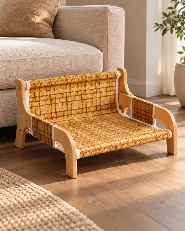 Woven cat sofa in front of a fabric sofa