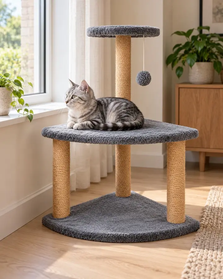 Mesa cat tree by a living-room window, grey cat lying on the platform