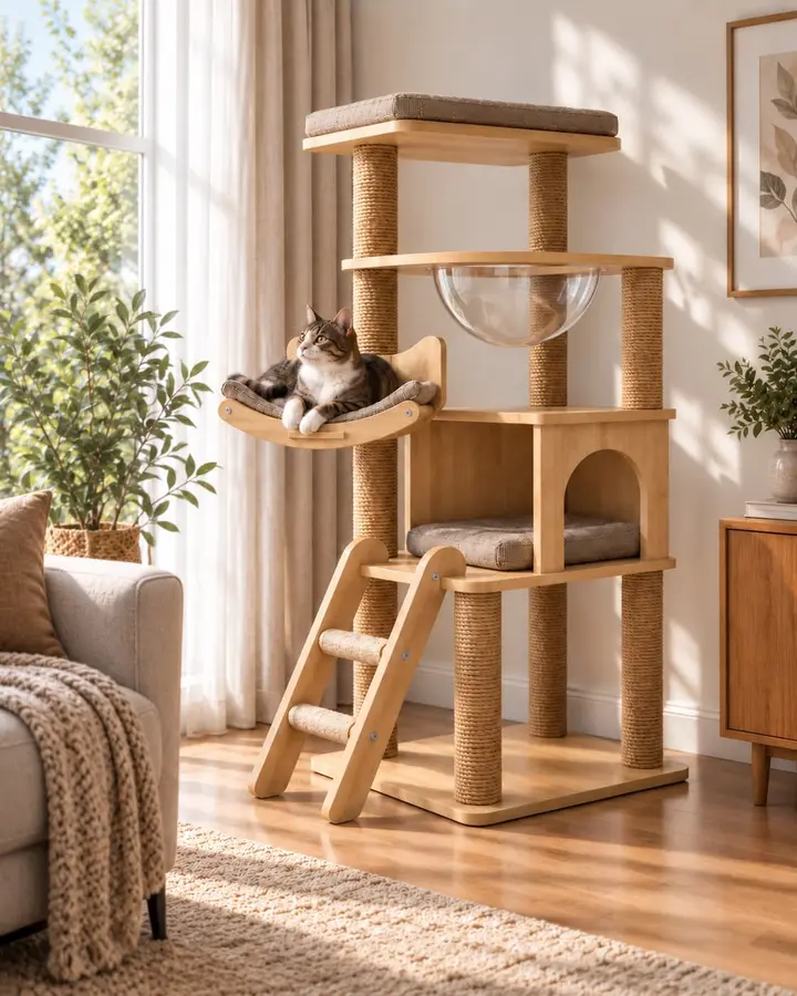 Moonview cat tree in a bright living room by the window, cat lying on the side hammock perch
