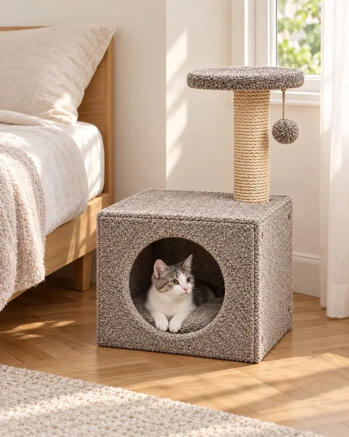 Nook cat tree at the foot of a bed, cat resting inside the round opening