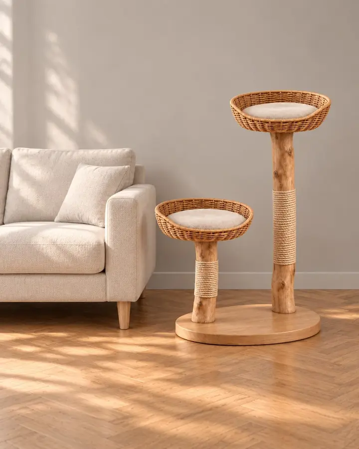 Orchard cat tree beside a sofa in a living room