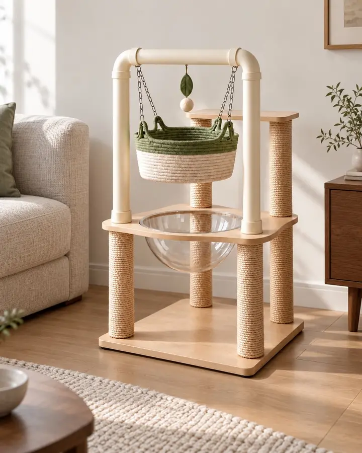 Sprig cat tree in a bright living room beside a sofa, with the cream pipe frame and green woven basket