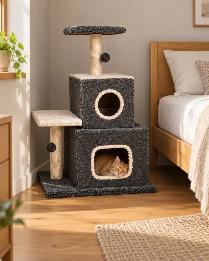 Stack cat tree beside a bed, orange cat asleep in the lower box