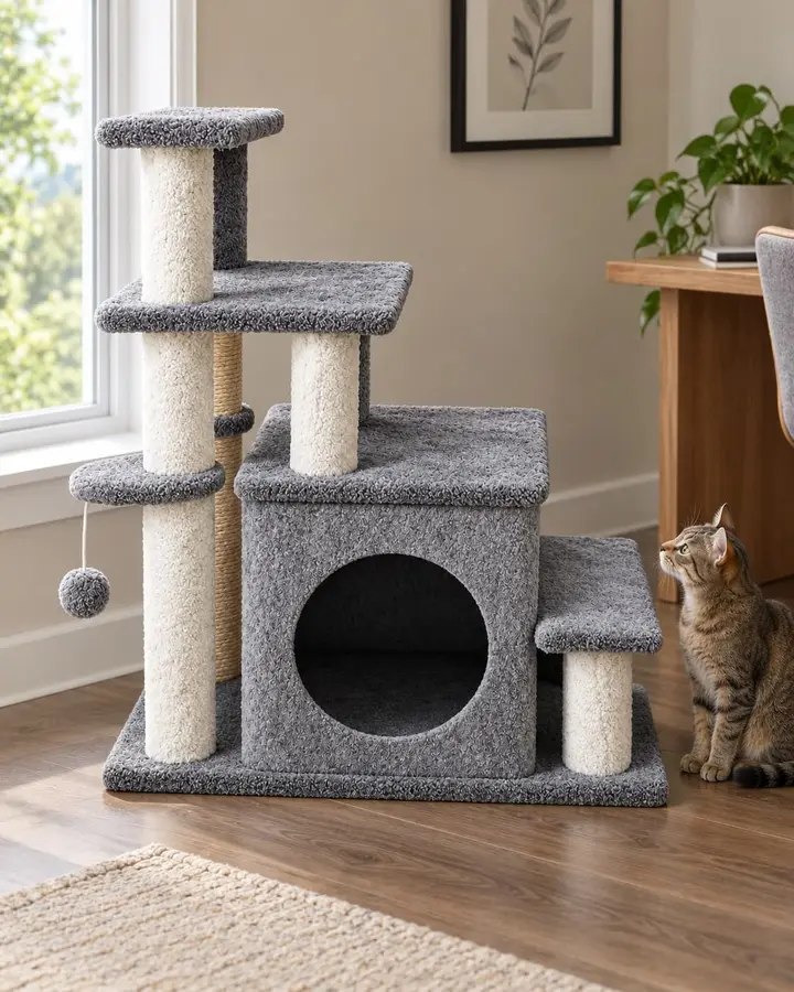 Steps cat tree by a living-room window