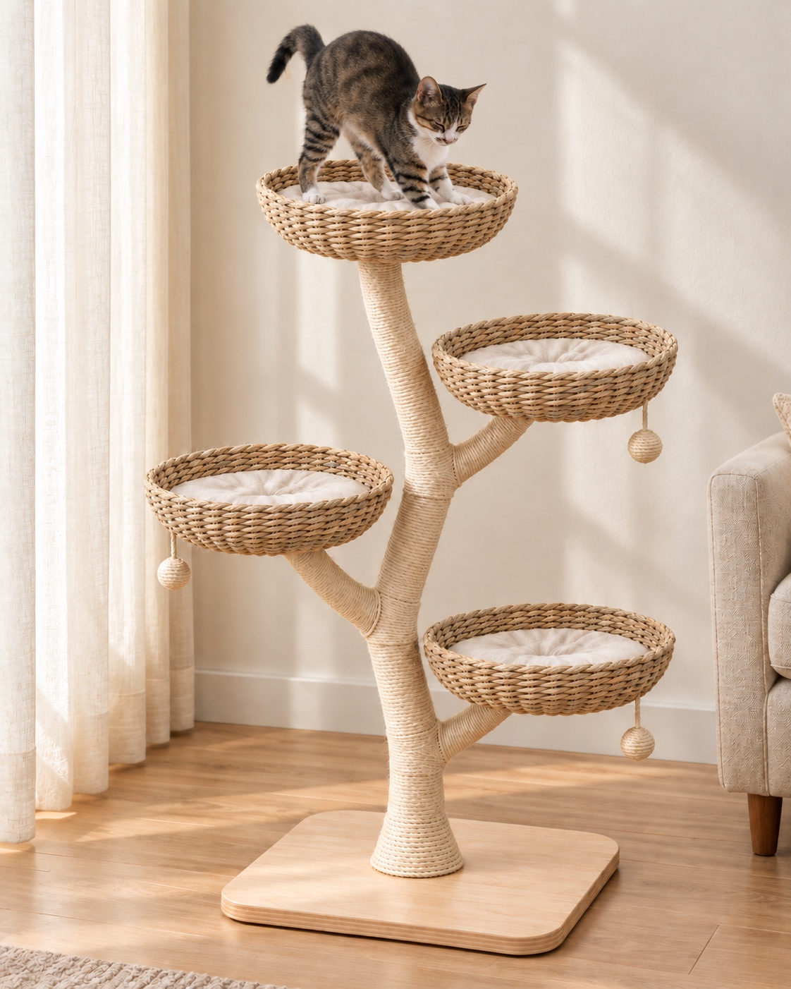 山巅猫爬架放在客厅窗边,猫站在顶层