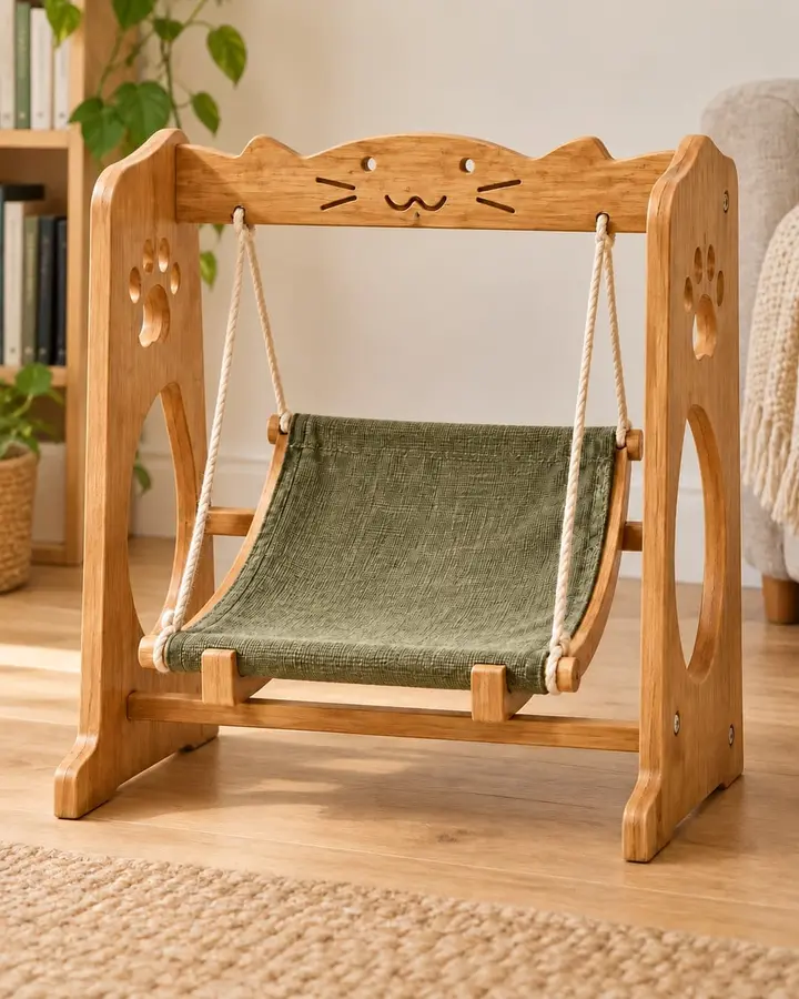 Swing beside a living-room bookcase, green sling hanging in the wooden frame