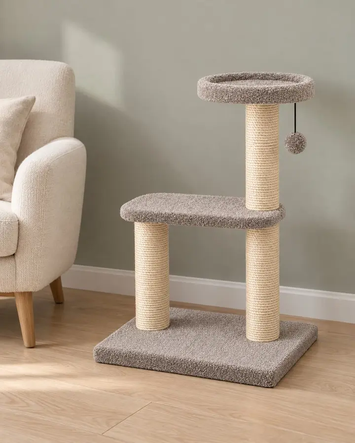 Terrace cat tree beside a sofa in a living room