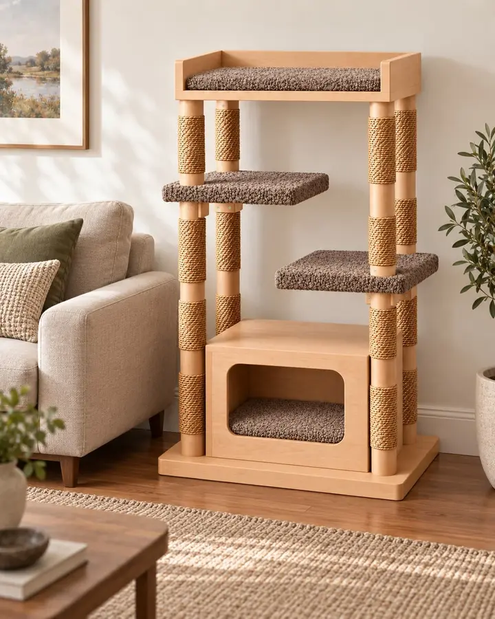 Watchtower floor-standing cat tree in a living room beside a sofa, wood cat house and plush platforms