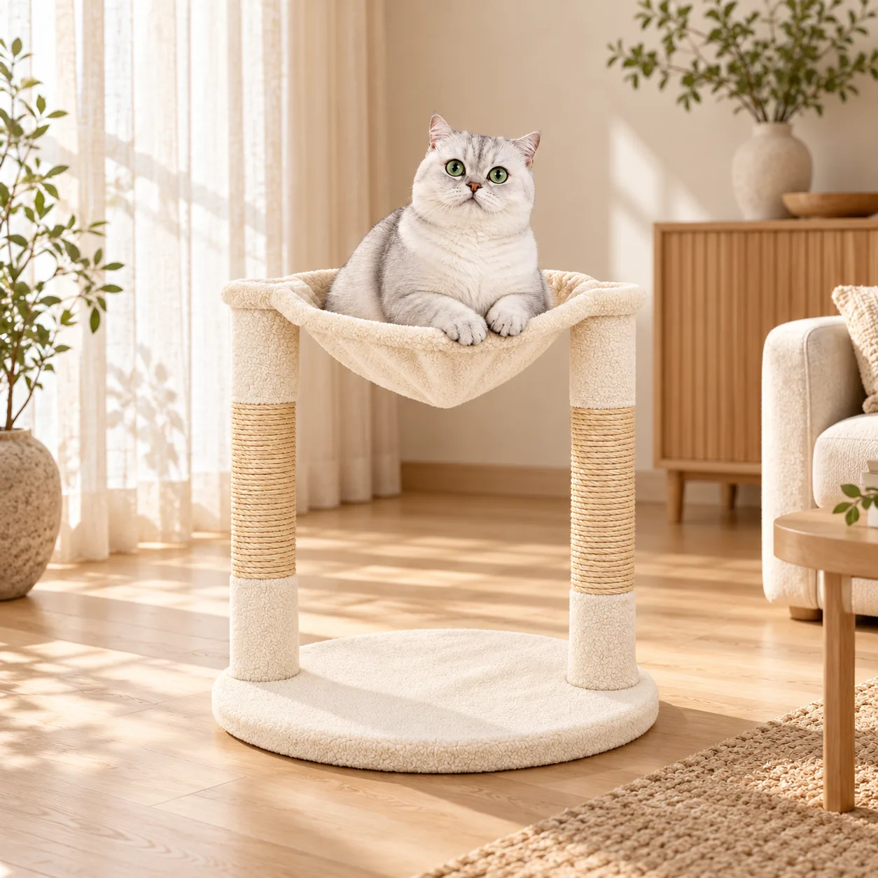 Cream twin-post hammock cat tree in a living room, cat resting in the hammock