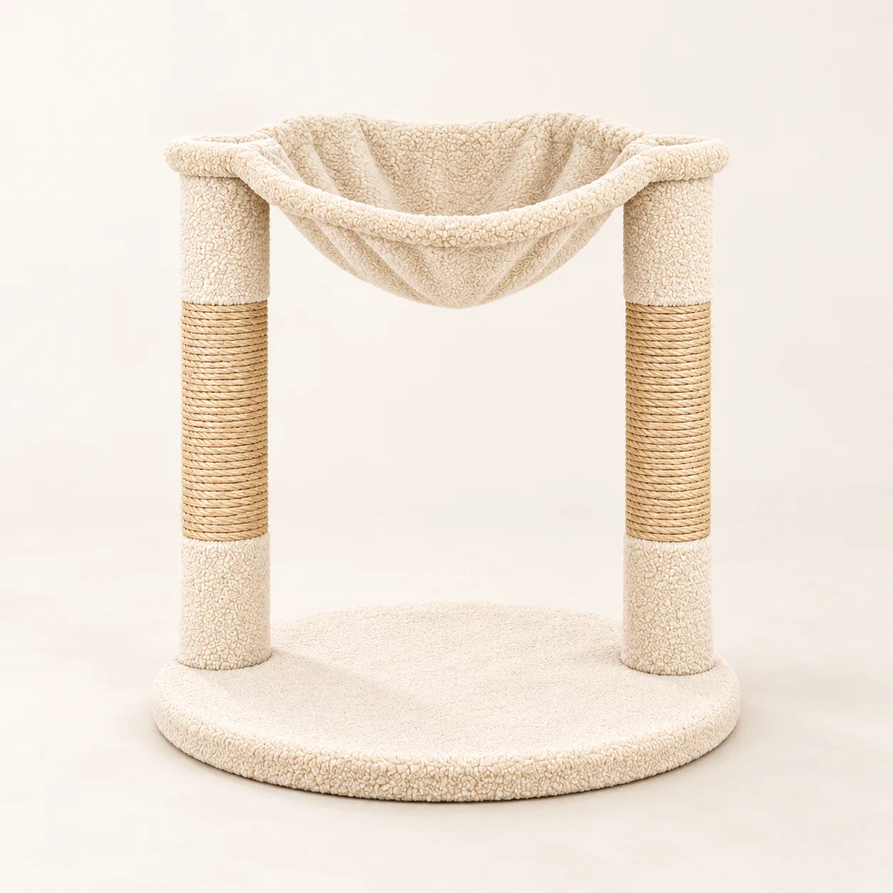 Cream twin-post hammock cat tree, full view on plain background