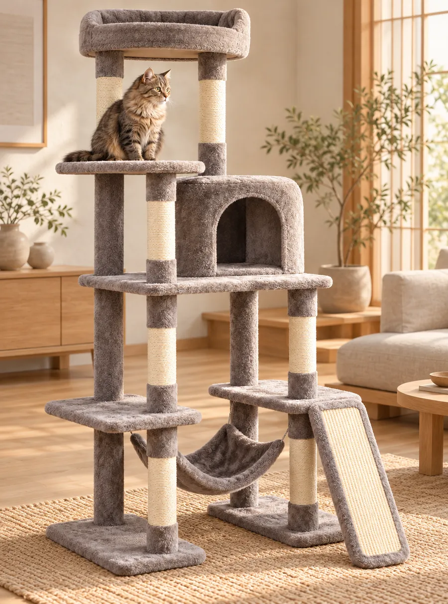 Grey-brown multi-level cat tree in a living room, cat sitting on a platform