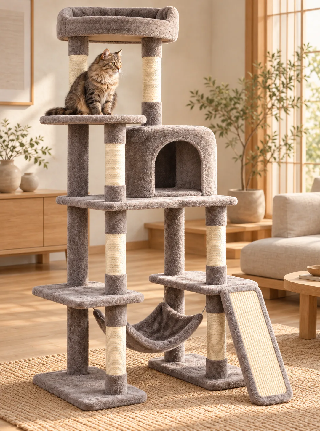 Grey-brown multi-level cat tree in a living room, cat sitting on a platform