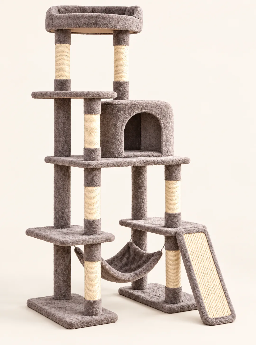 Grey-brown multi-level cat tree, full view on plain background