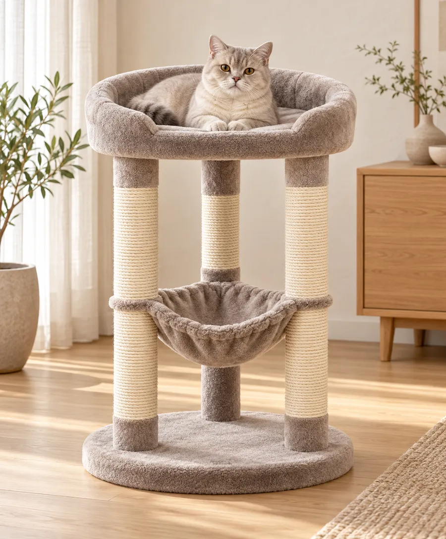 奶茶灰褐色三柱猫爬架放在客厅，猫趴在顶窝里
