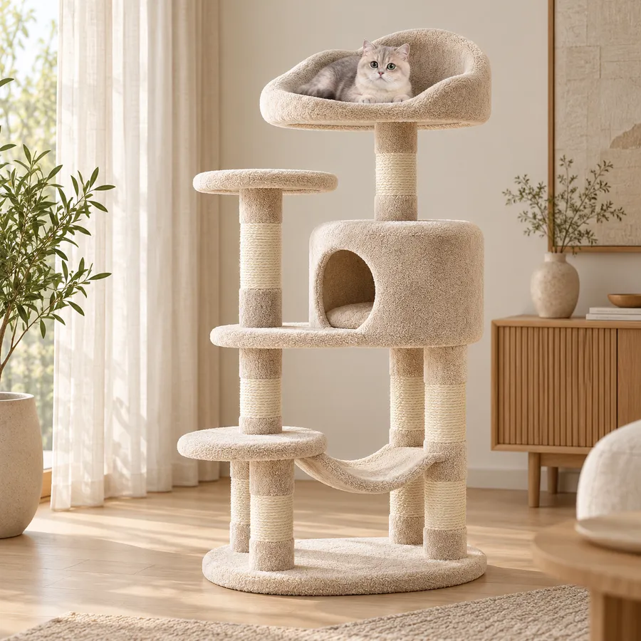 杏色泰迪绒多层猫爬架放在客厅，猫趴在顶窝里