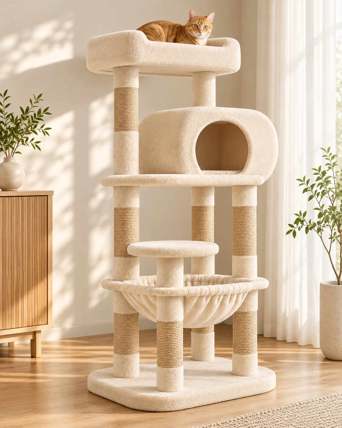 Ivory teddy-fleece multi-level cat tree in a living room, cat resting in the top bed