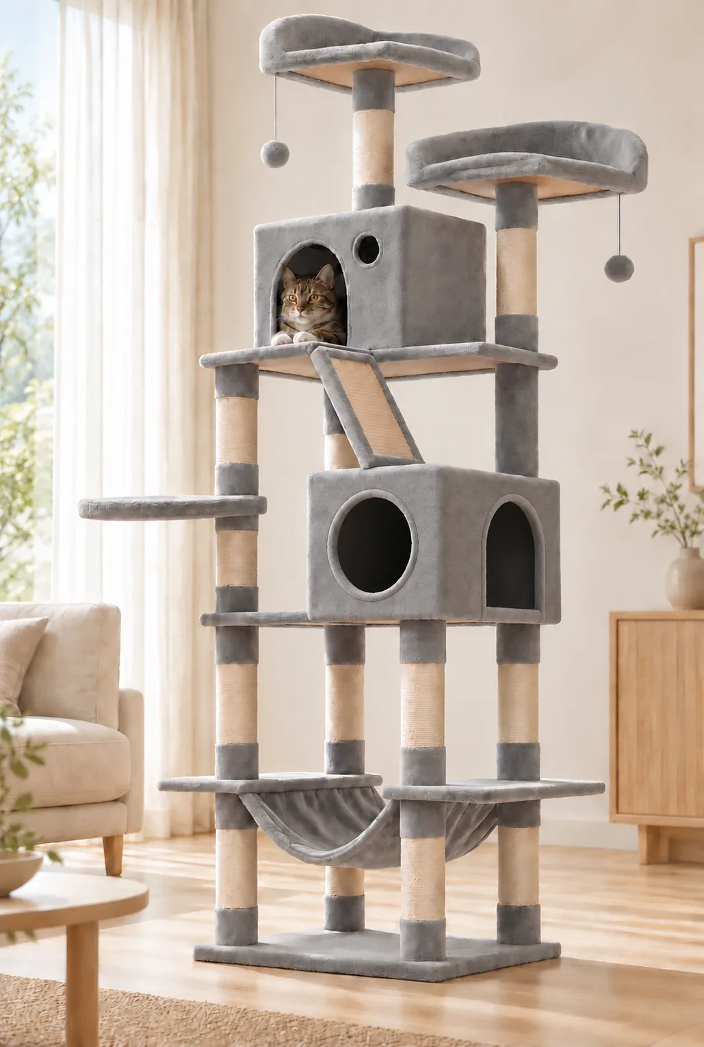Light-grey tall multi-level cat tree in a living room, cat inside a house