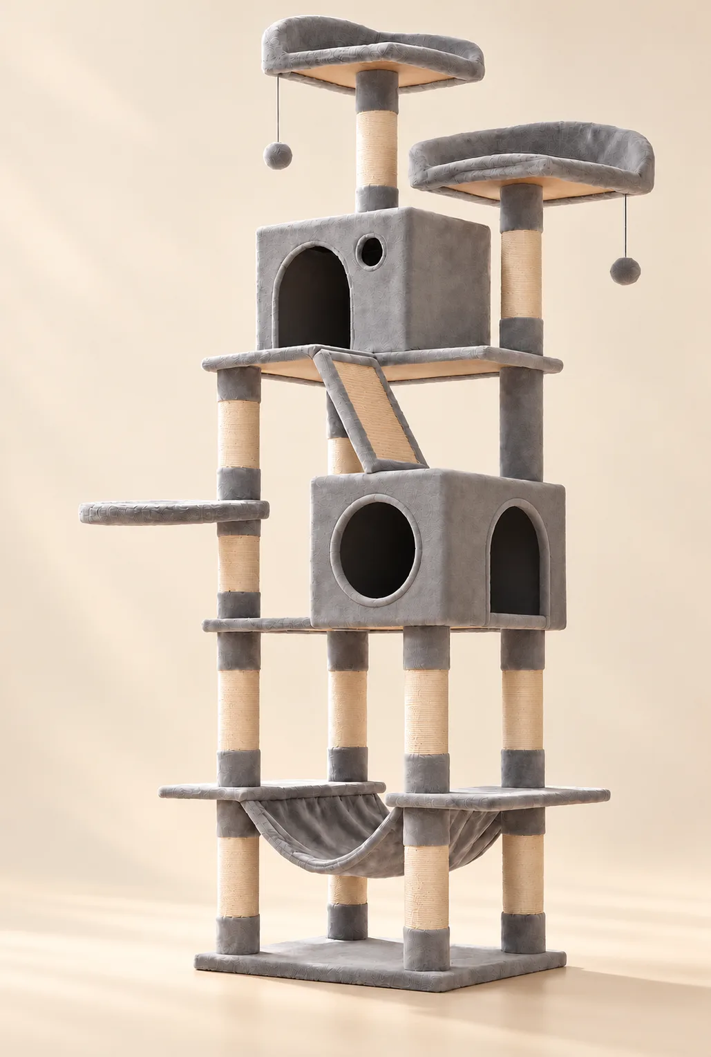 Light-grey tall multi-level cat tree, full view on plain background