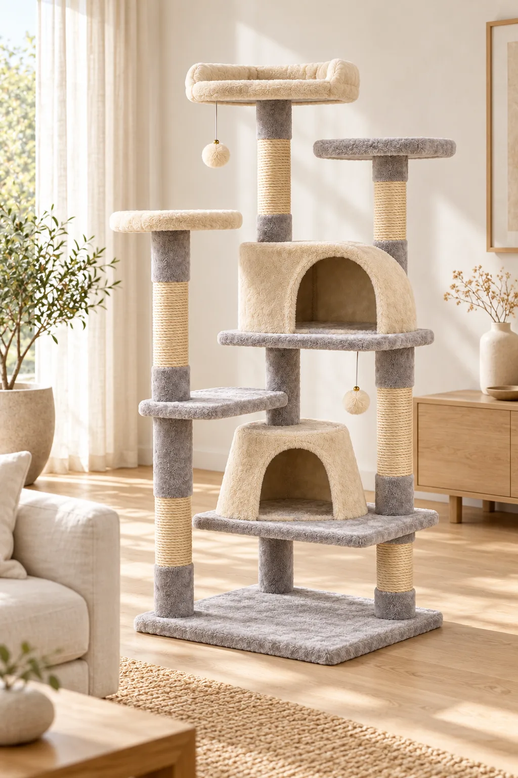 Cream and grey multi-level cat tree in a living room