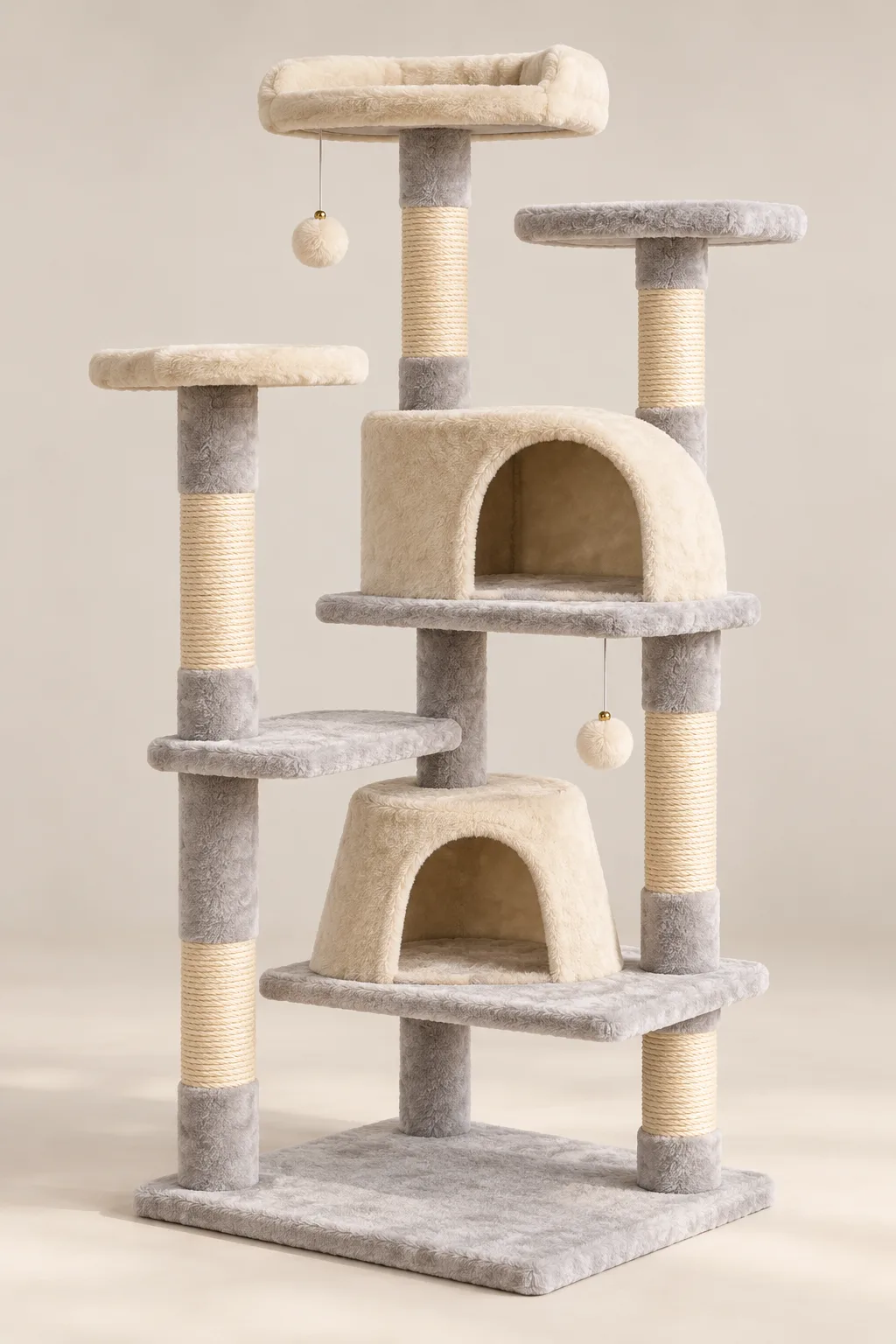 Cream and grey multi-level cat tree, full view on plain background