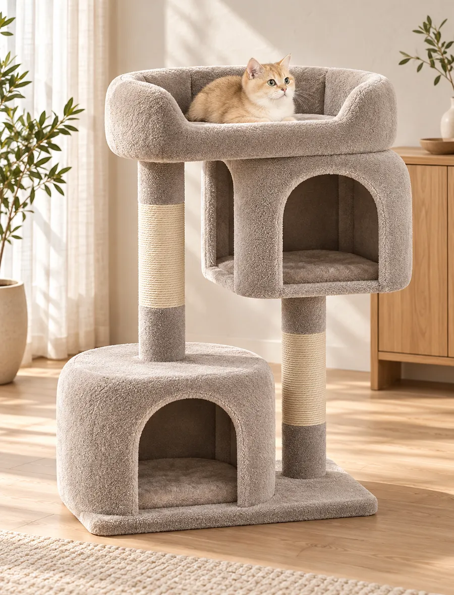 摩卡色卷绒双屋猫爬架放在客厅，猫趴在顶窝里