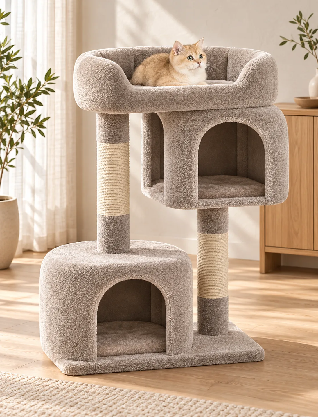 摩卡色卷绒双屋猫爬架放在客厅，猫趴在顶窝里