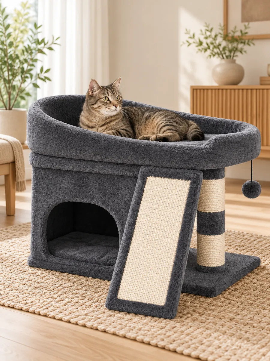 Charcoal compact cat tree in a living room, cat lying in the top bed