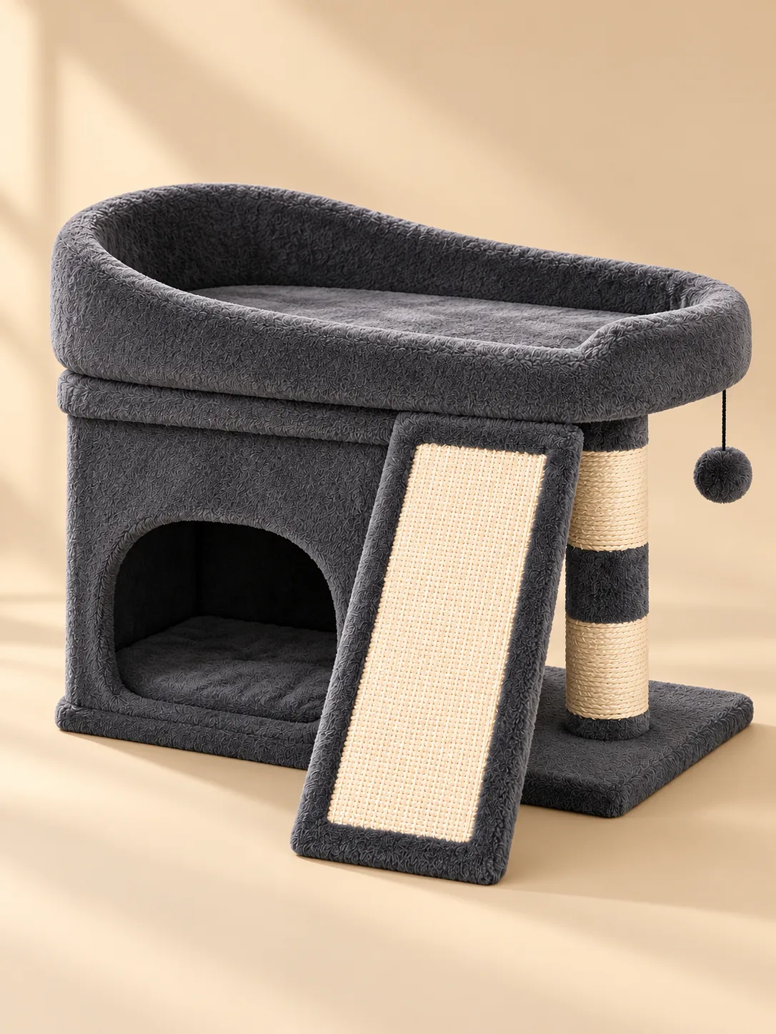 Charcoal compact cat tree, full view on plain background