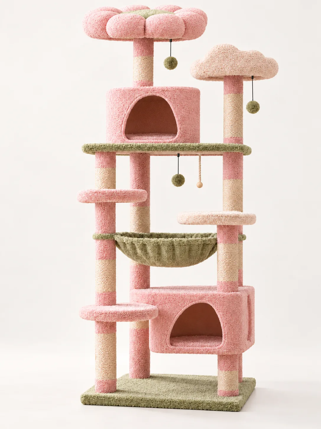 Pink-and-green tall cat tree, full view on plain background