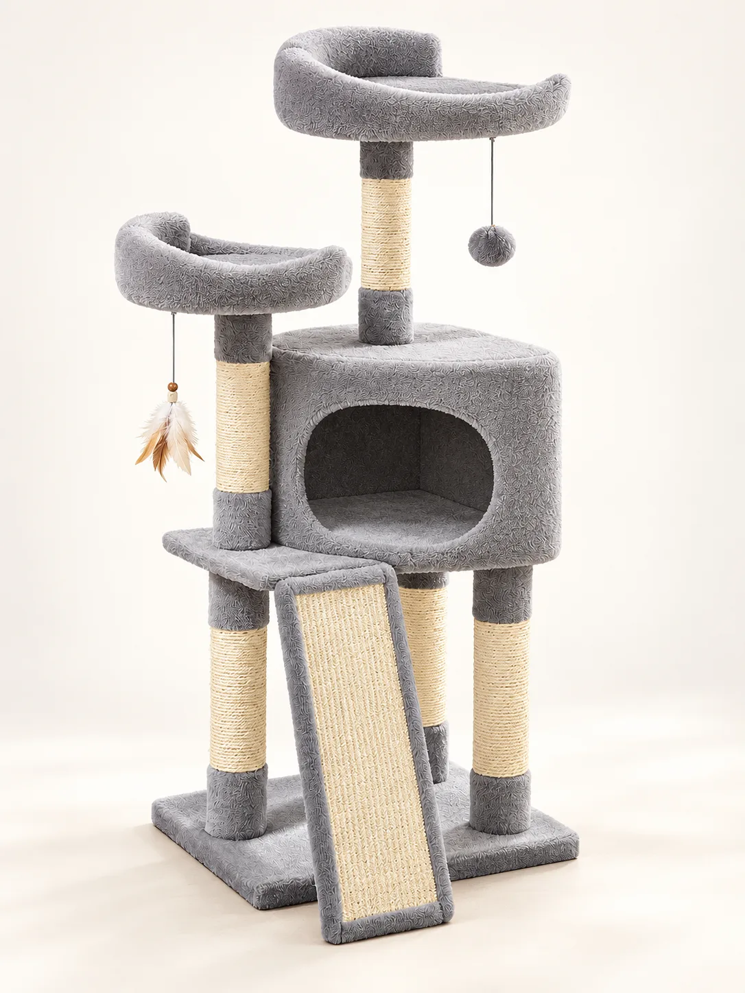 Light-grey multi-level cat tree, full view on plain background