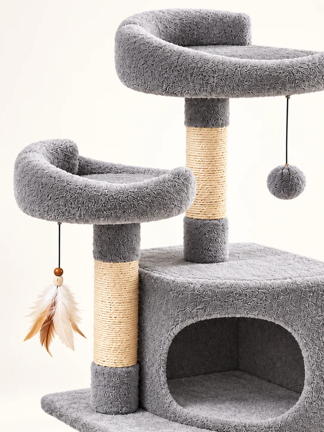 Twin top beds, ball and feather wand detail