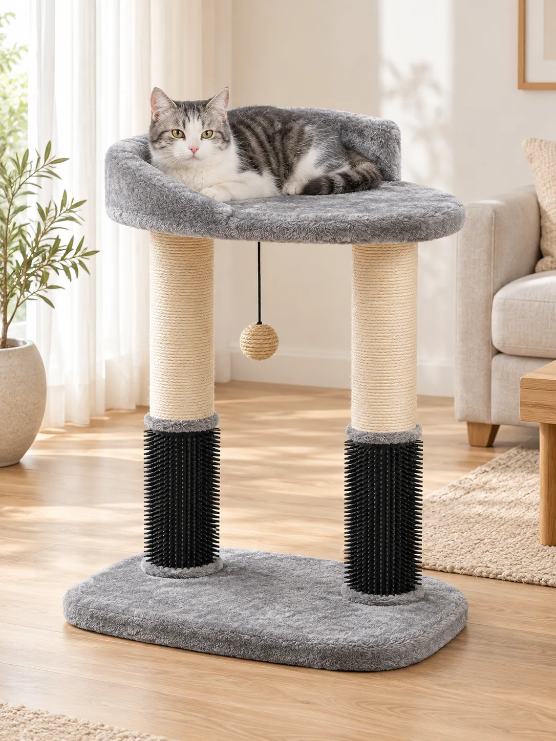 灰色猫台放在客厅，猫趴在顶台上