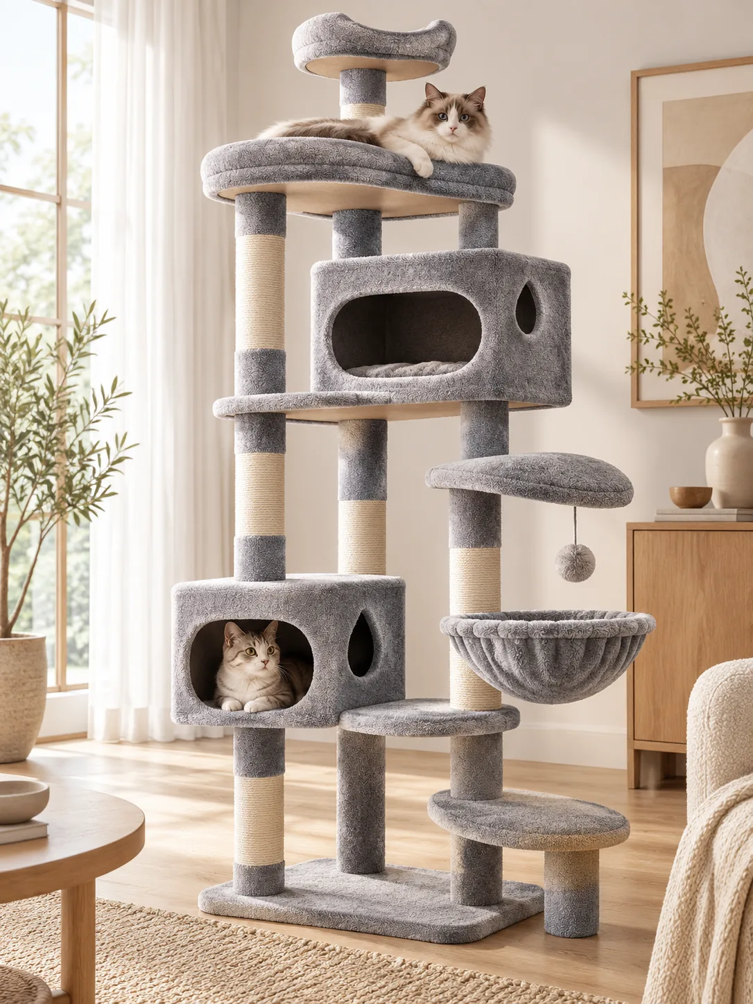 灰色高款猫爬架放在客厅，猫在猫屋和顶层休息