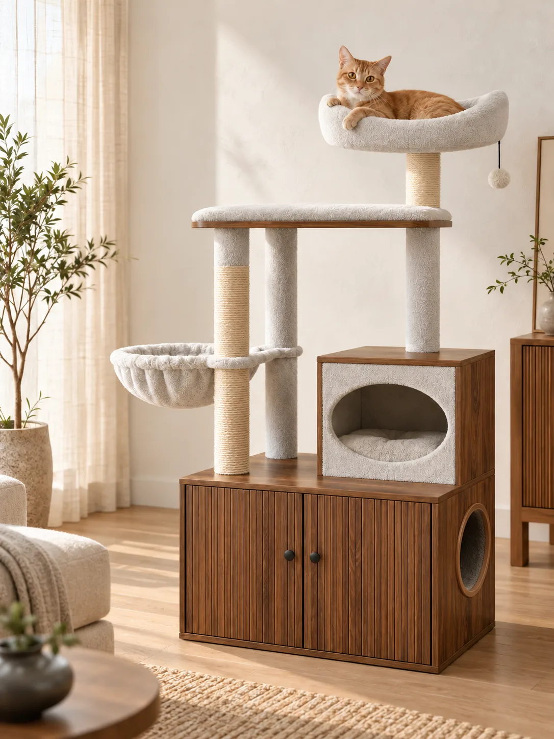 Walnut-finish cabinet cat tree in a living room, cat resting in the top bed