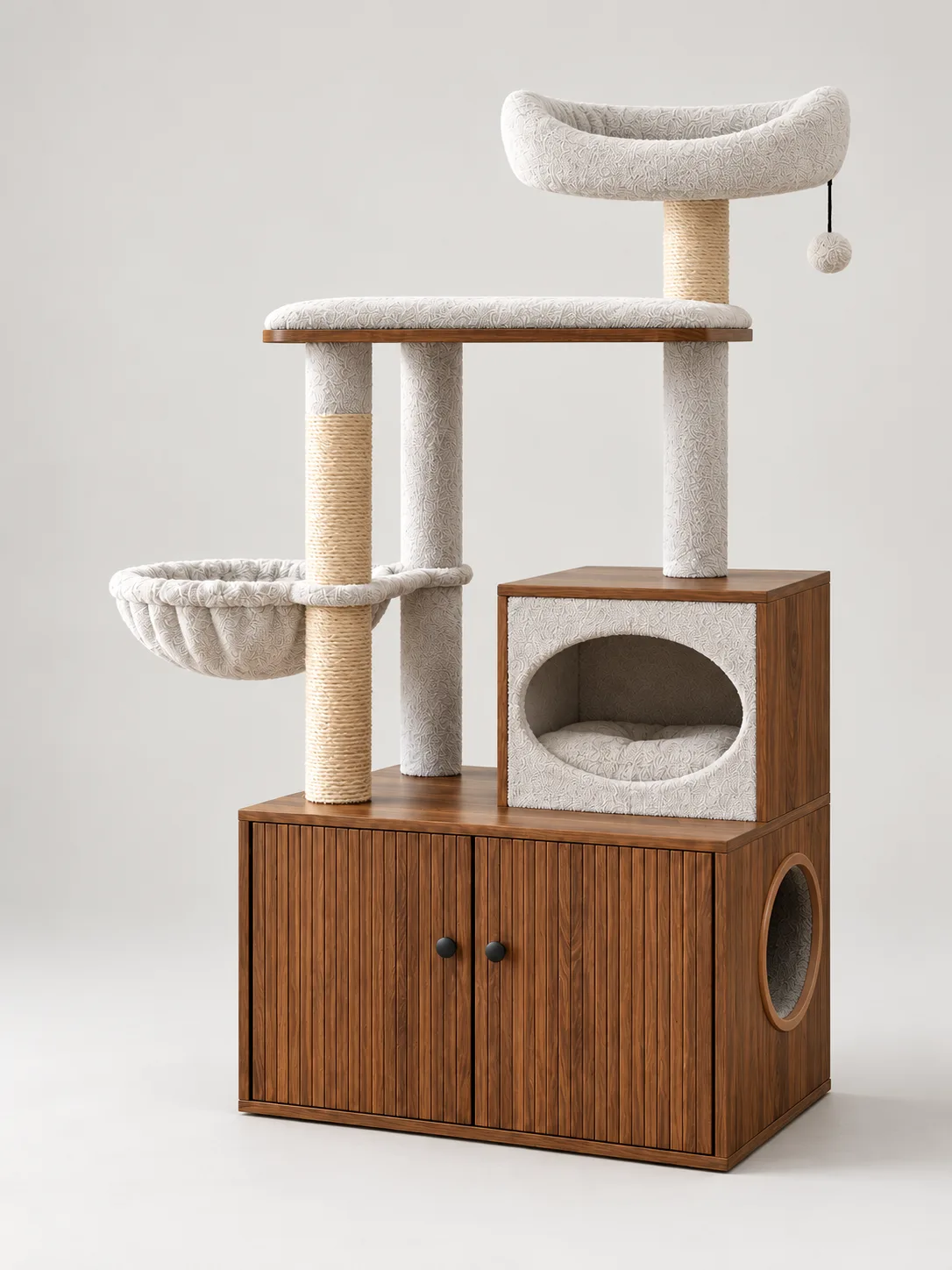 Walnut-finish cabinet cat tree, full view on plain background
