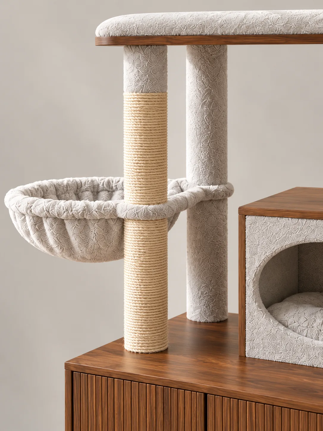 Close-up of sisal post, hammock and house