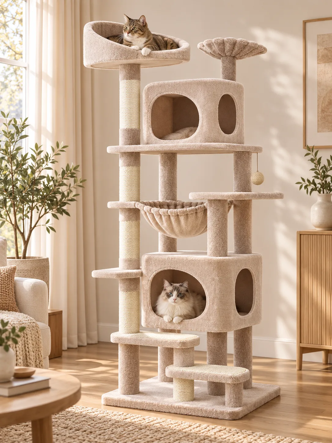 砂色高款猫爬架放在客厅，猫在顶窝和猫屋里休息