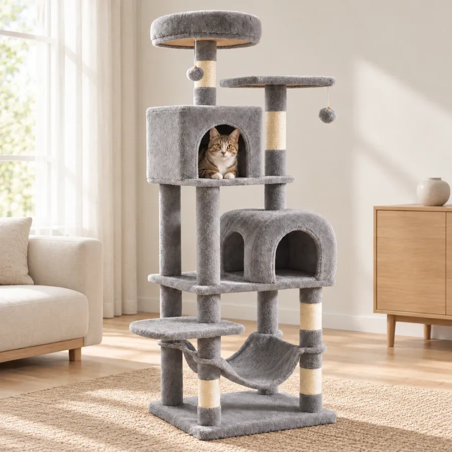 Grey cat tree in a living room, cat resting in the upper house