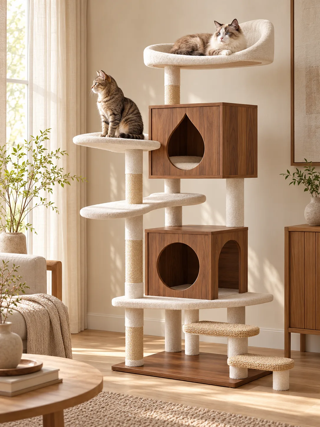 Tall cat tree with wooden box houses and cream fleece in a living room, cats on the top bed and a platform
